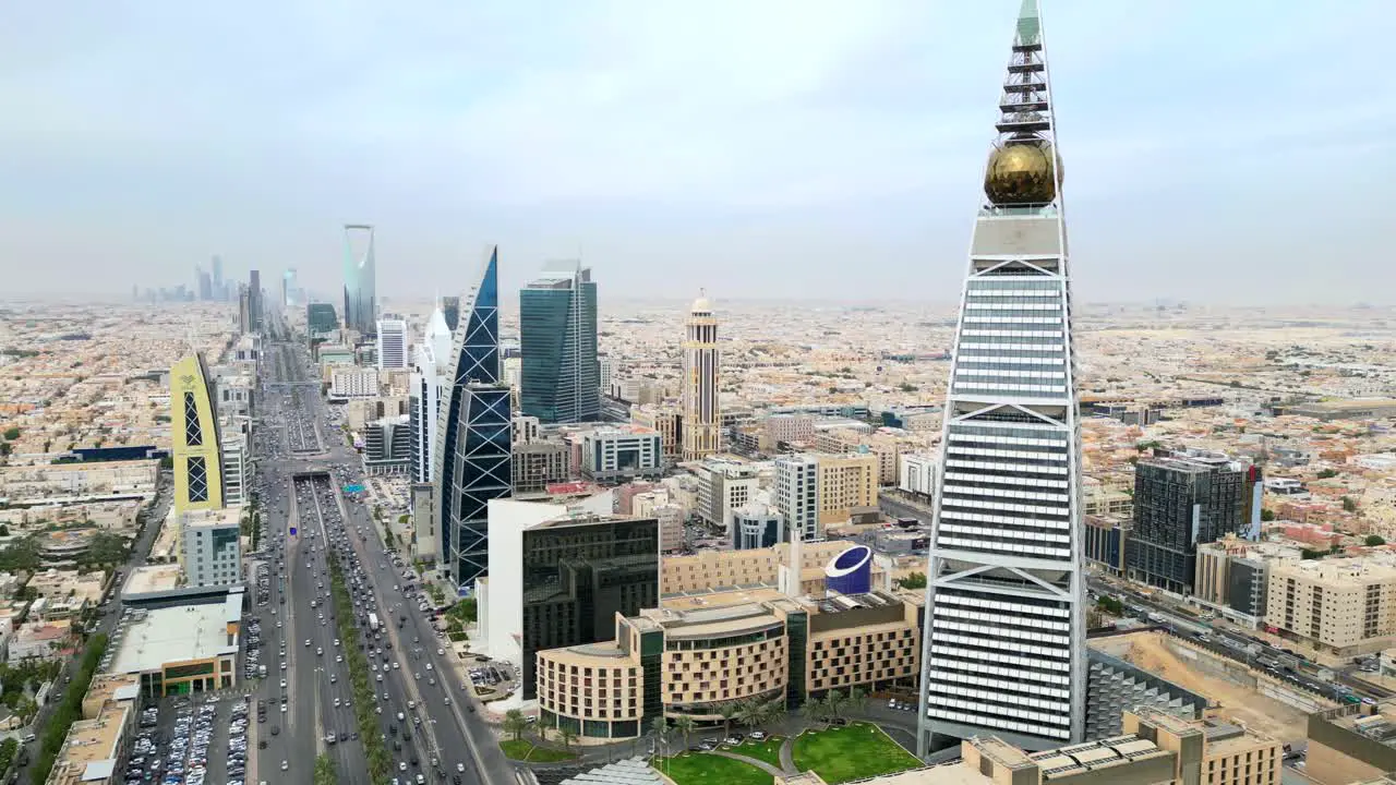 Cinematic slow moving drone shot Riyadh city central business district