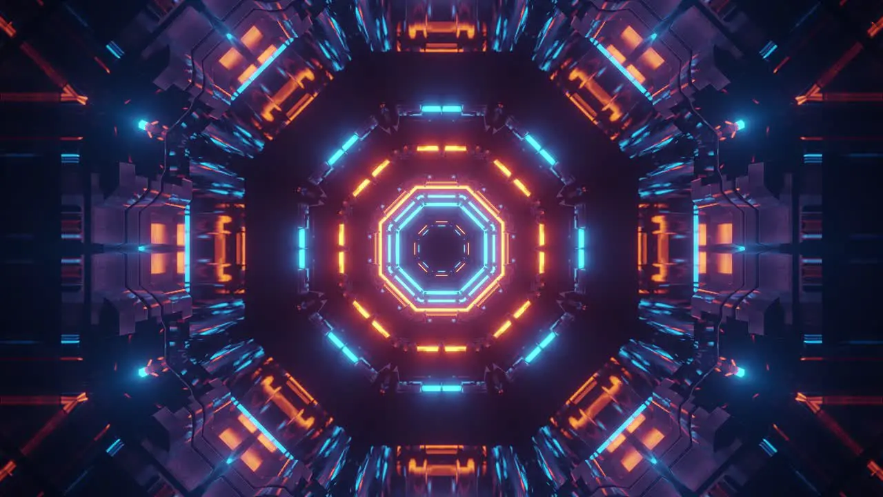 Slow motion graphics sci fi bright orange and teal octagon and star tunnel