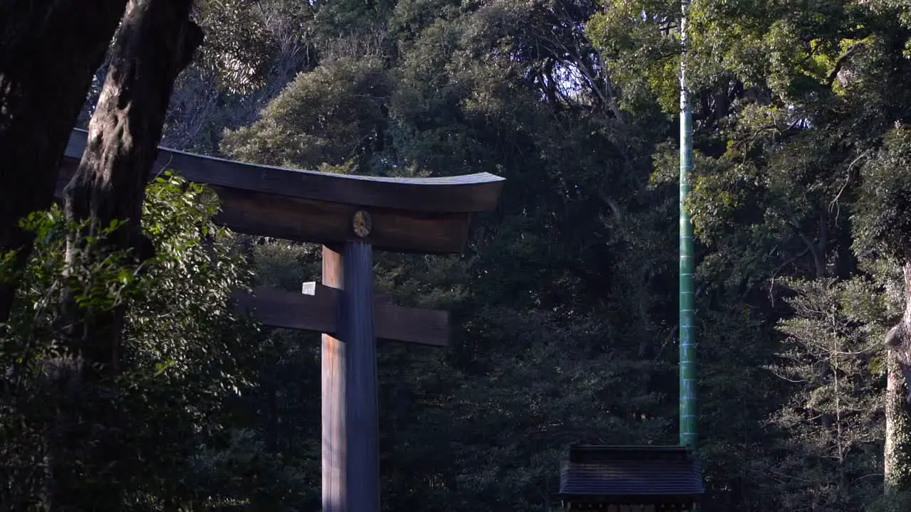 Sideways slider over beautiful Torii Gate at Meiji Shrine detail shot