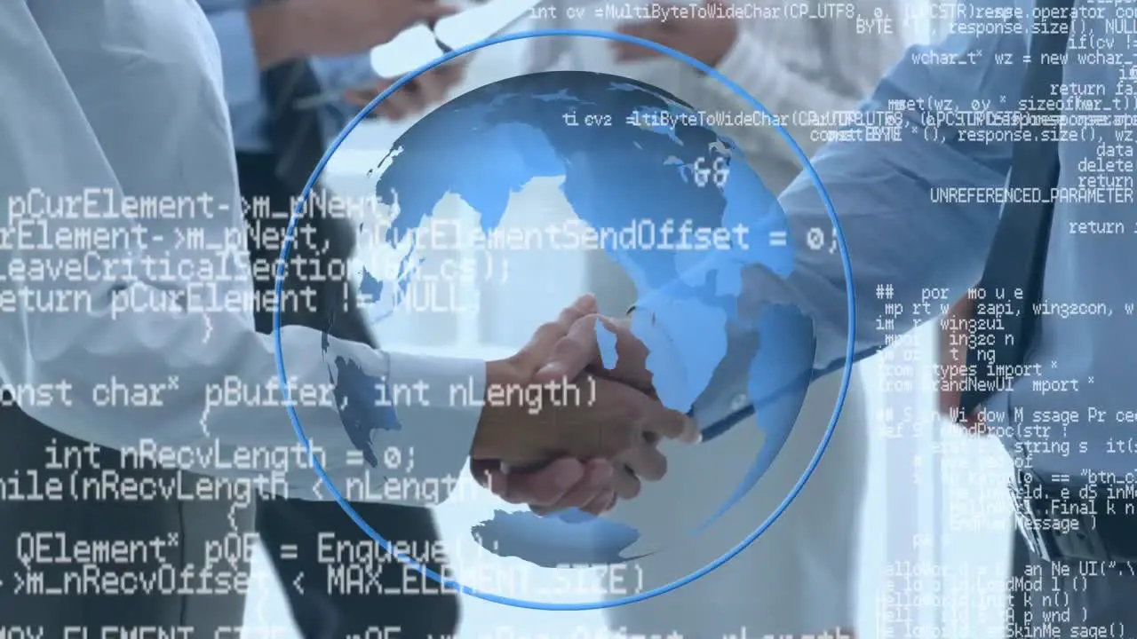 Businessmen and a globe with program codes