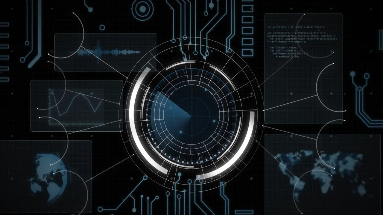 A futuristic interface displays advanced analytics and data visualization