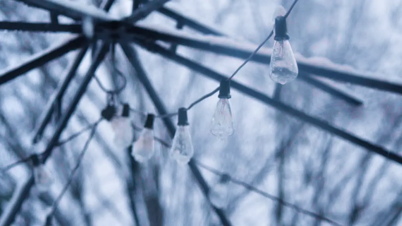 Snow Falling in Slow Motion Over Hanging Lights