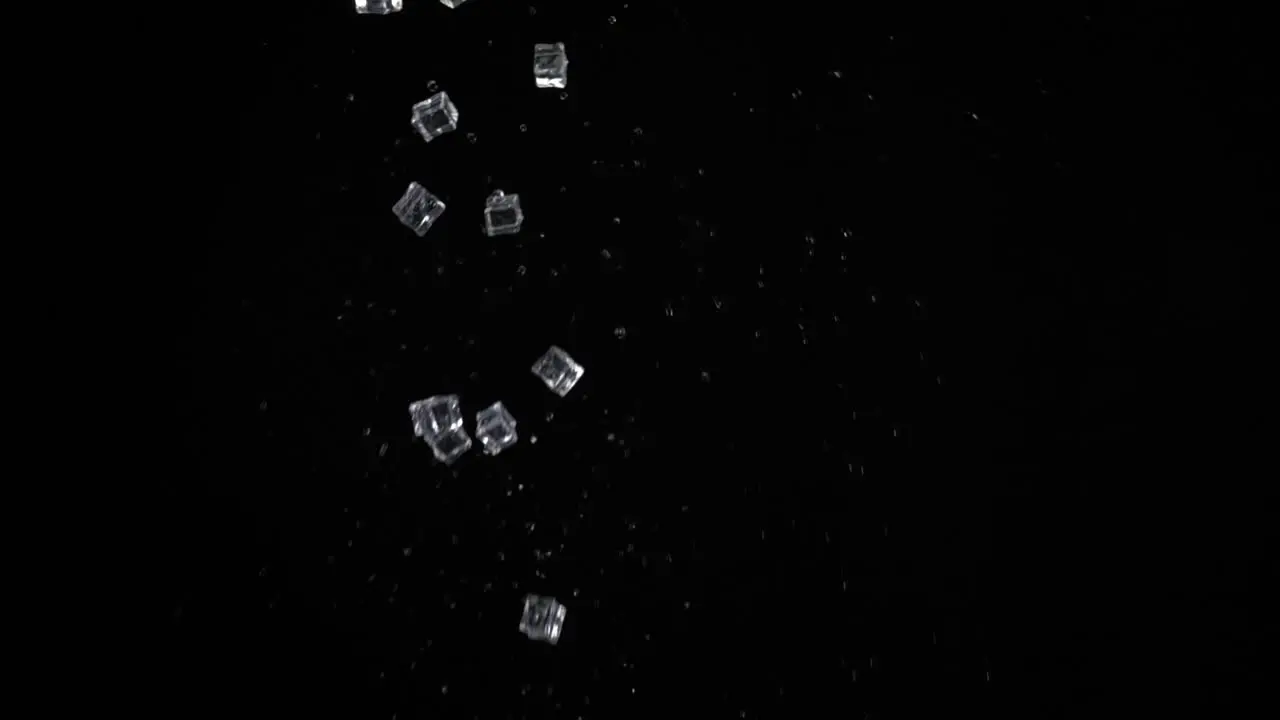 Ice Cubes with Water launched upwards with a black background