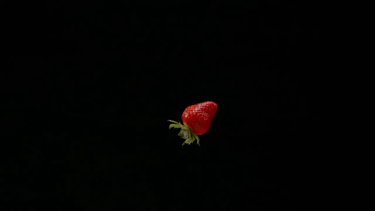 One fresh strawberry fall down isolated on black background ultra slow motion