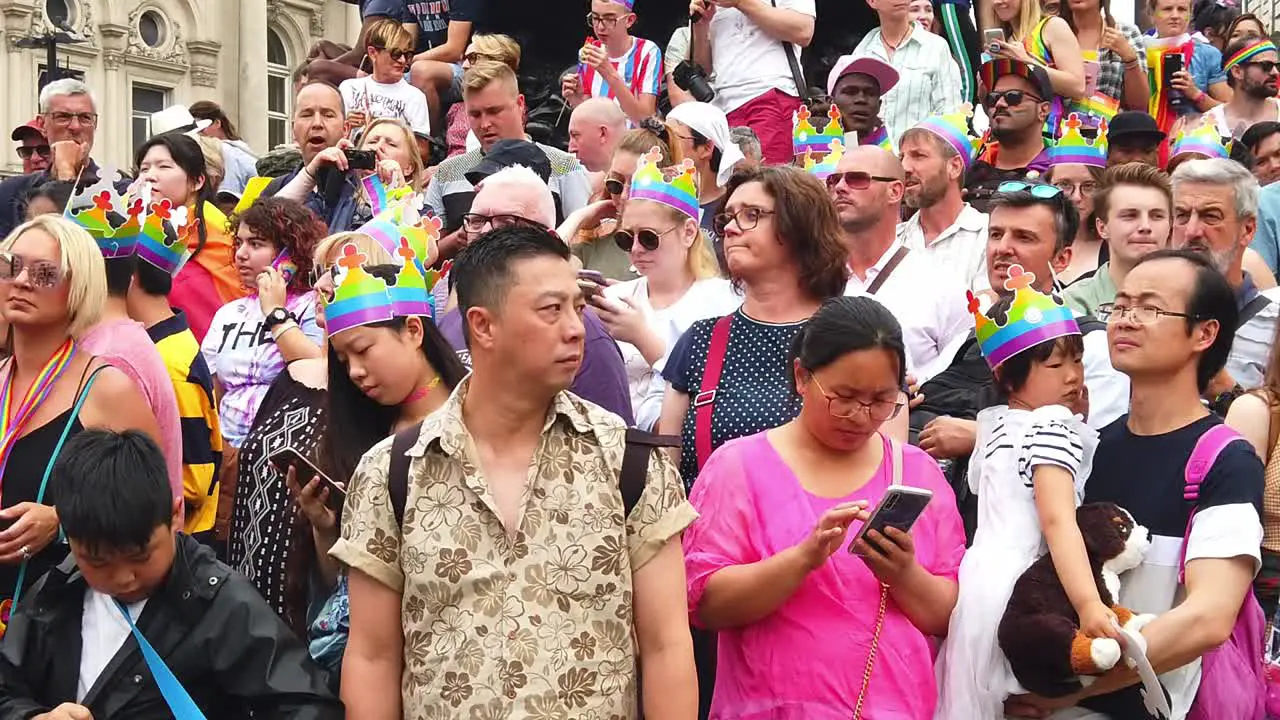 Slow-motion of a large crowd of people at a London Pride