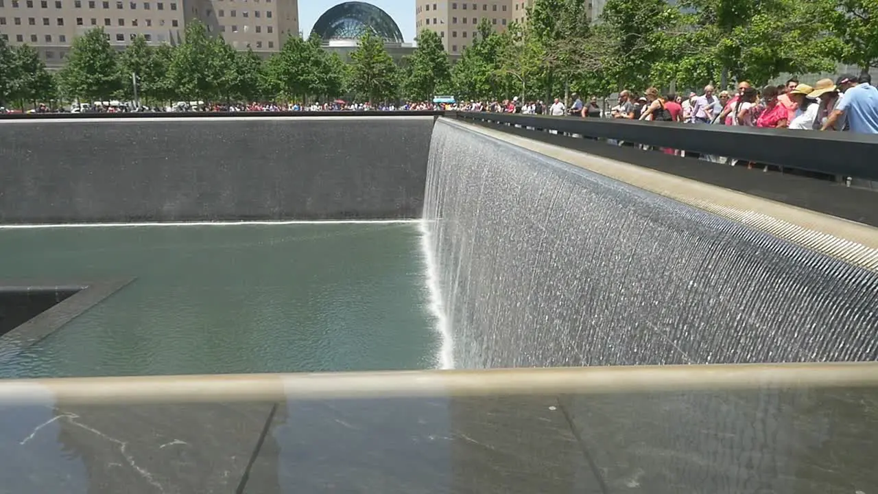 New York Twin Towers Memorial Fountain water over Rt