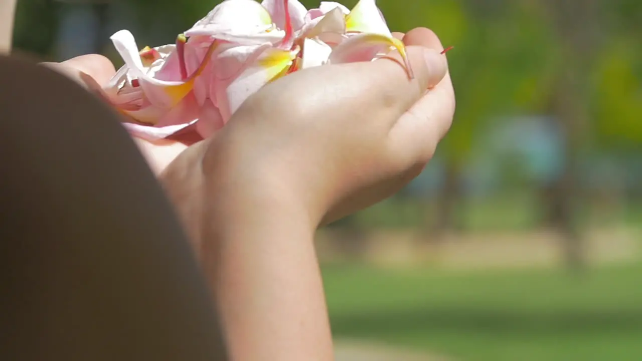 Woman blowing flower petals from hands