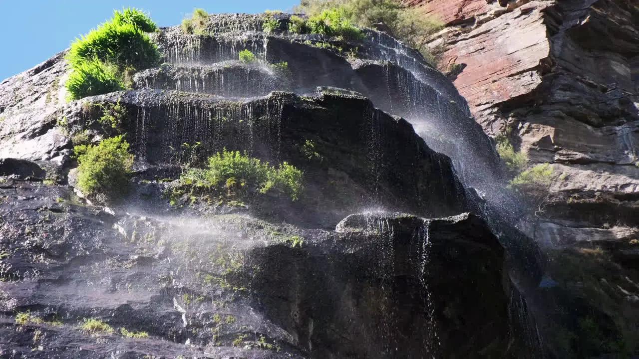 Pan Across Misty waterfall against a blue sky