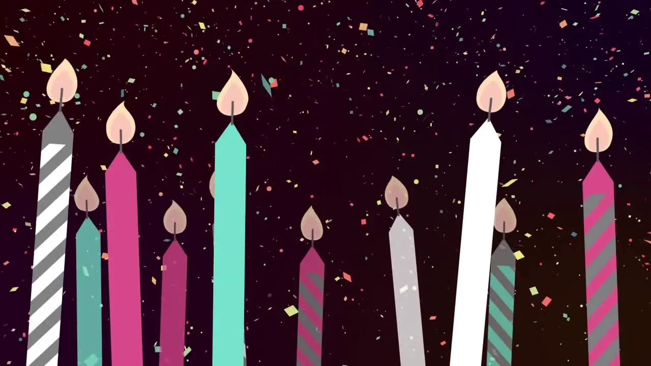 Animation of multiple colourful birthday lit candles over colourful confetti falling