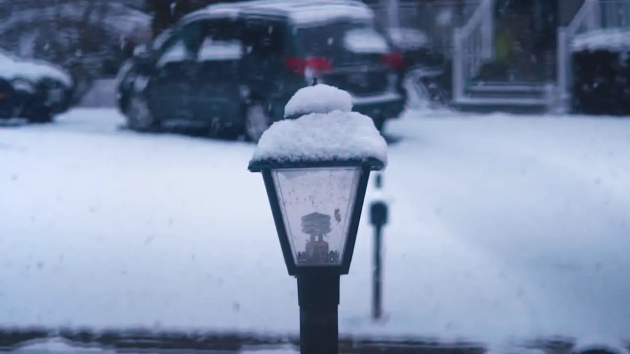 Snow Falling in Slow Motion on a light pole in Winter