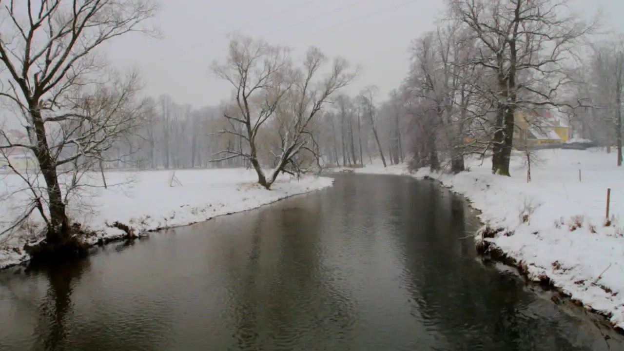 The river flows slowly in a snow covered winter landscape