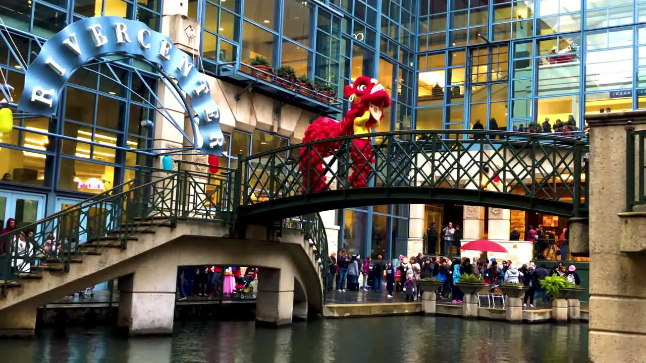 Chinese Dragons dance in celebration of the Confucius Lantern Festival on the San Antonio Riverwalk