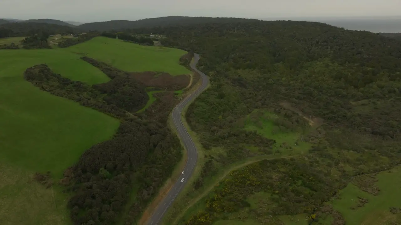 Grey weather in rural Catlins landscape of New Zealand aerial