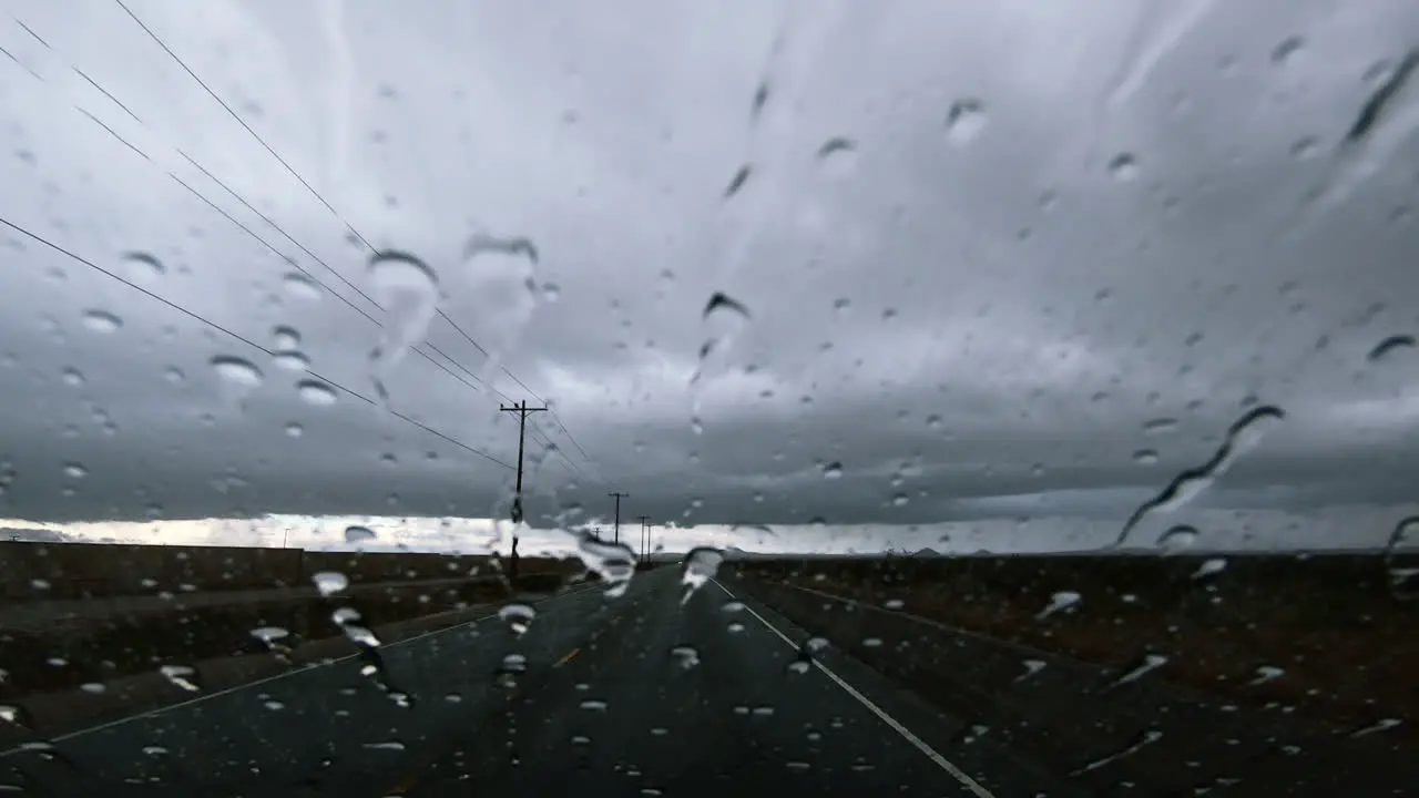 Driving on the freeway on a stormy day wide shot