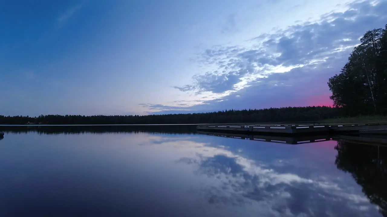 Time lapse of clouds rolling in the sky over a lake at sunset