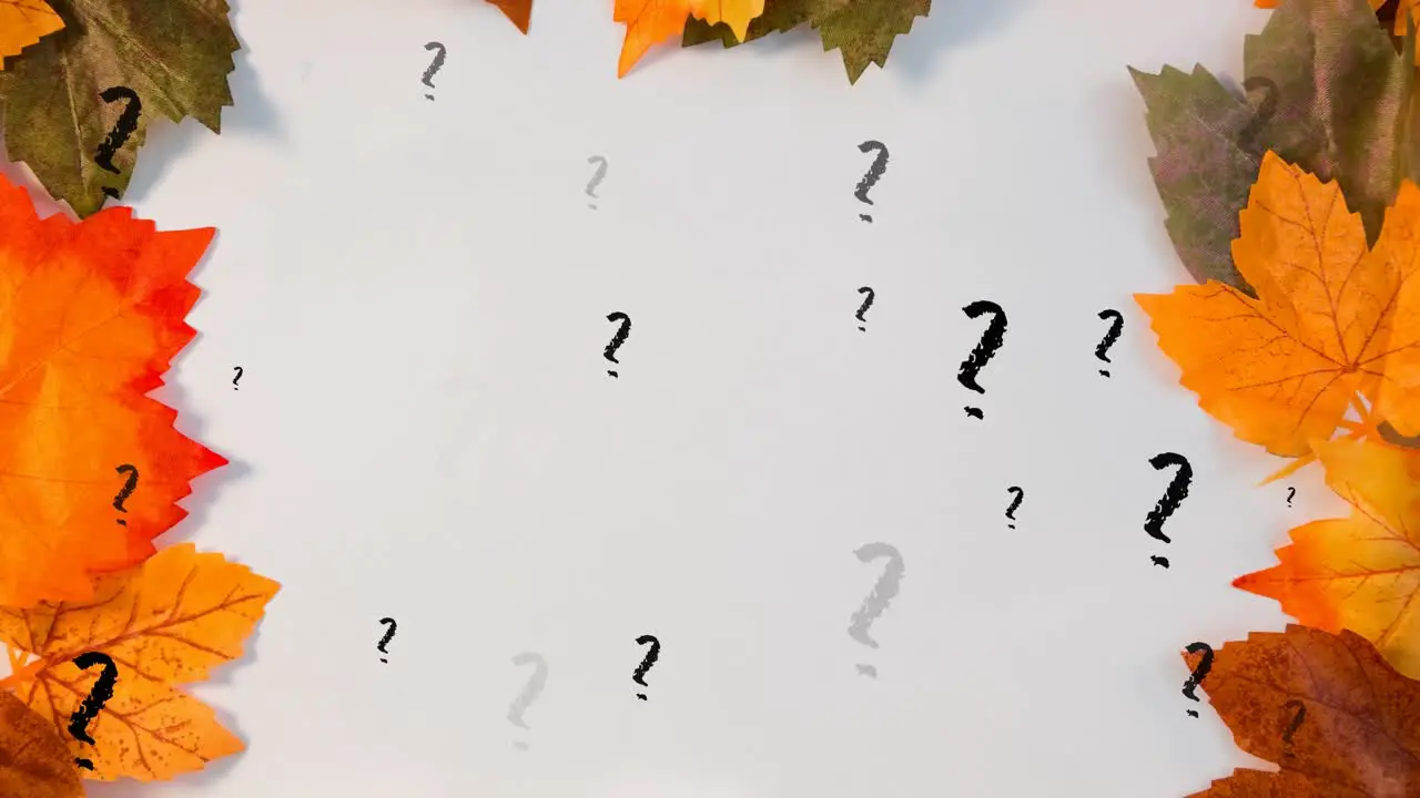 Animation of question marks over leaves on white background