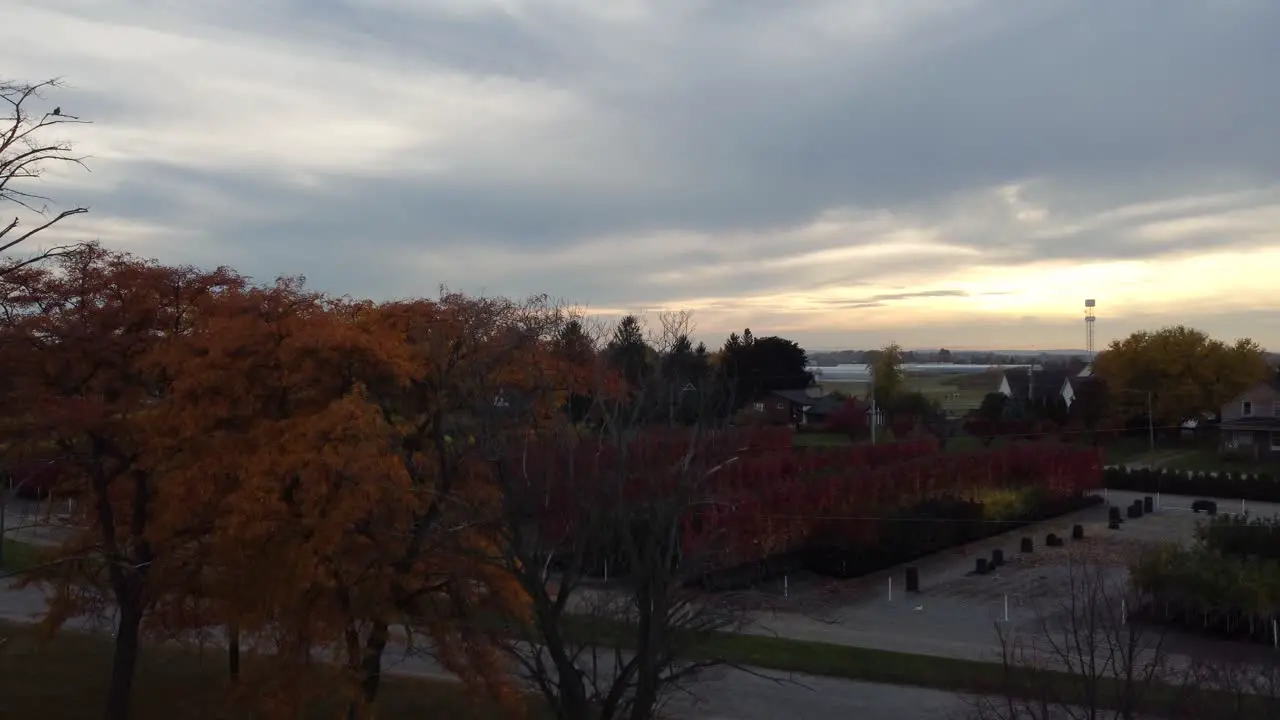 Aerial shot of early morning village over Niagara Region in the Fall season