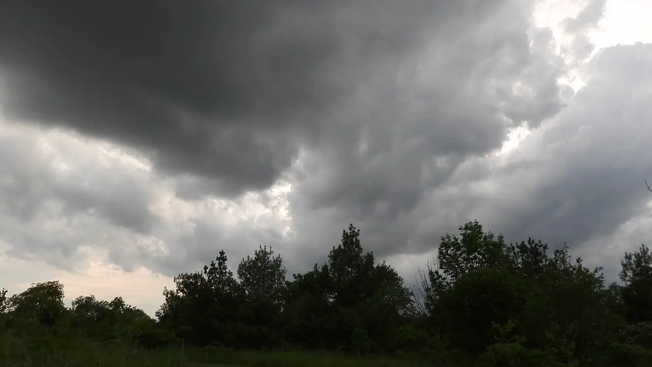 Time lapse of thick dark clouds moving over silhouette of trees