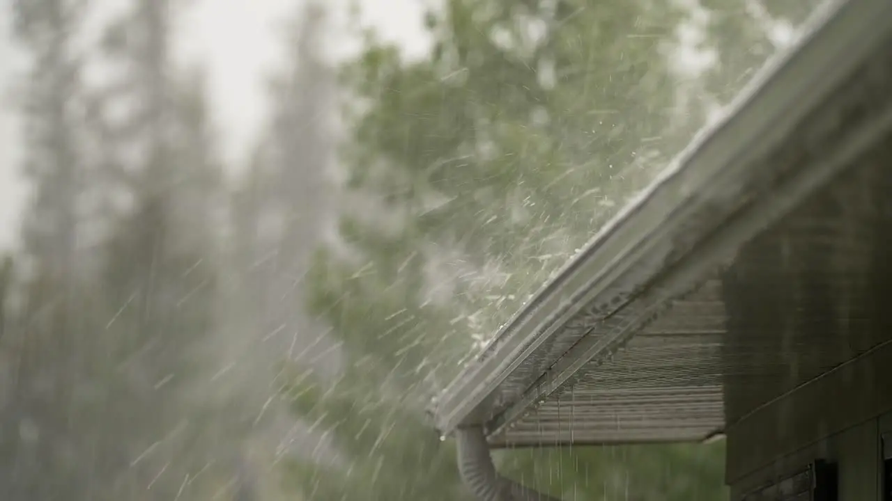 Hail and rain storm on rooftop of house with trees in background