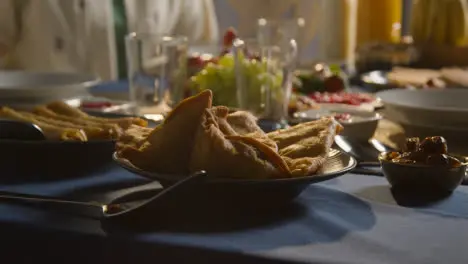 Muslim Family Table At Home Set For Iftar Meal Breaking Daily Fast During Ramadan