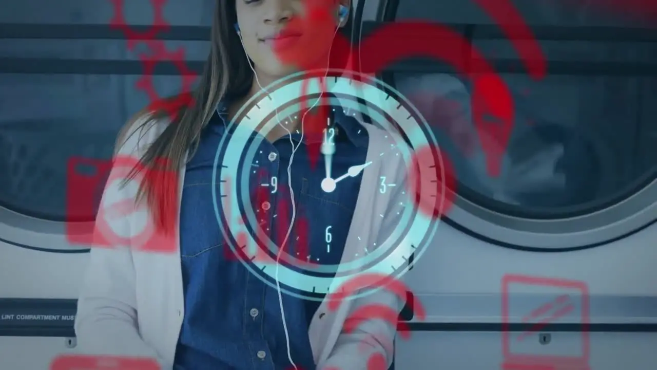 Composite video of smiling biracial young woman listening music at laundromat and clock icon