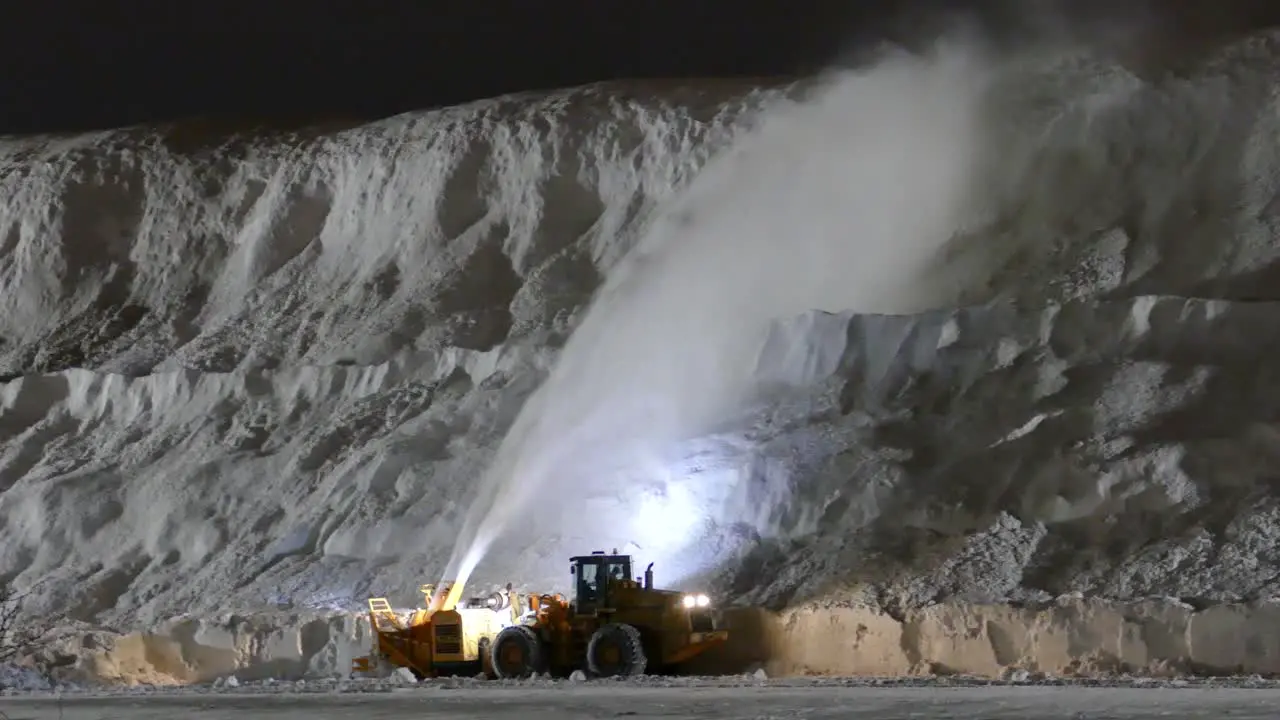 Trucking Shot Blower Blasting Winter Snow Two Stories Tall to Huge Pile Night Jobs