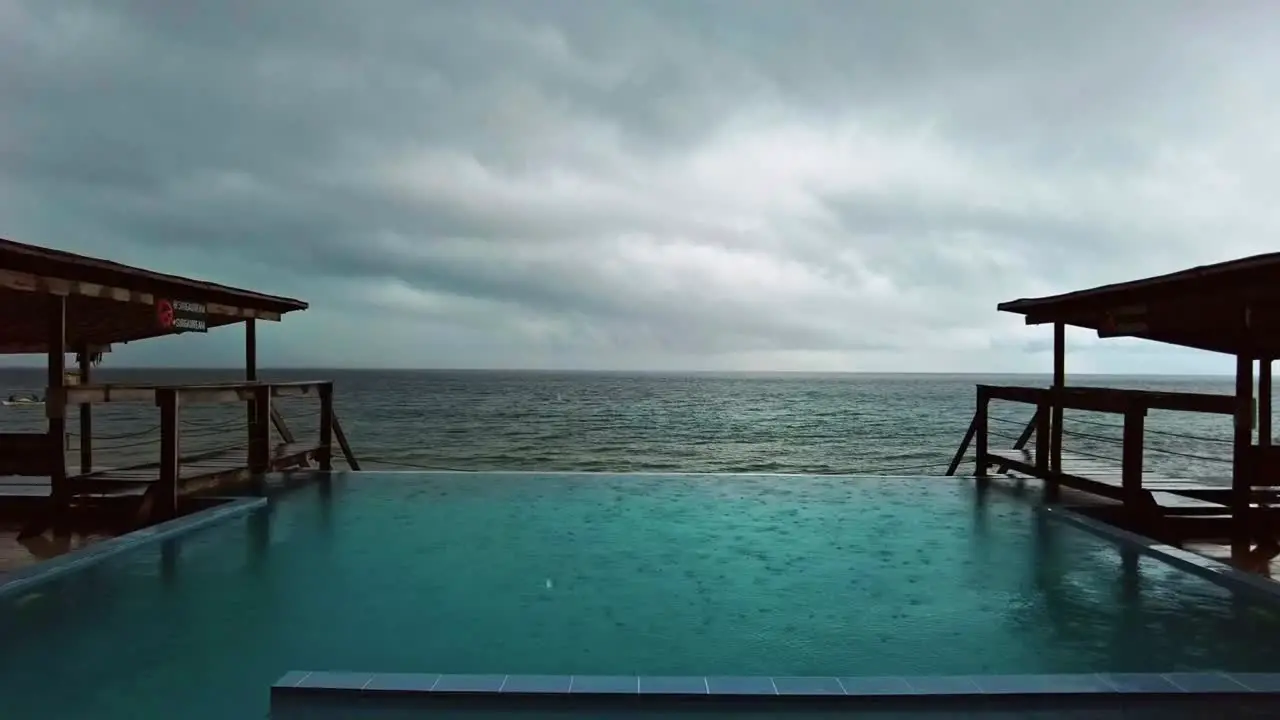 Timelapse Footage of pouring rain in the swimming pool on the beach side