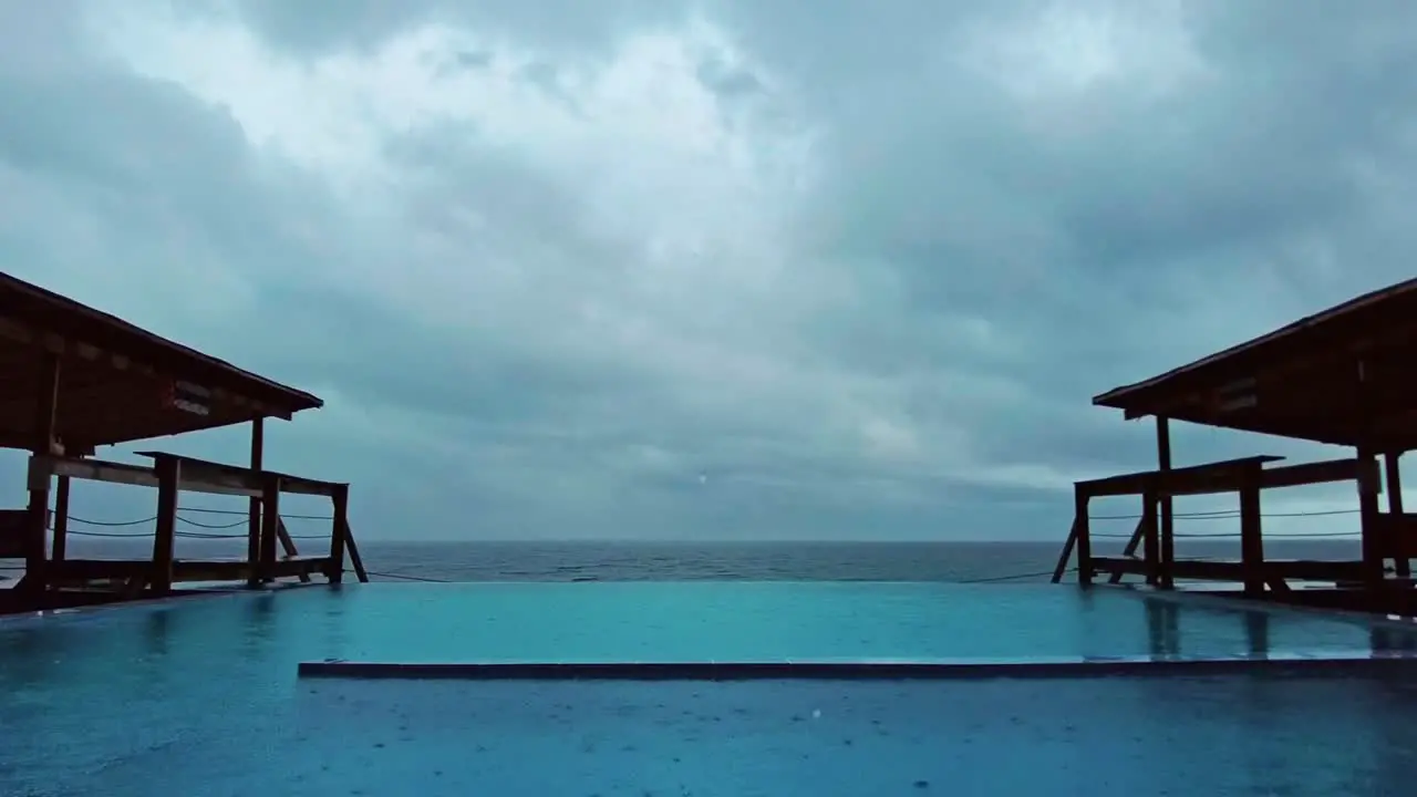 Time-lapse of rain hitting a swimming pool in a holiday resort