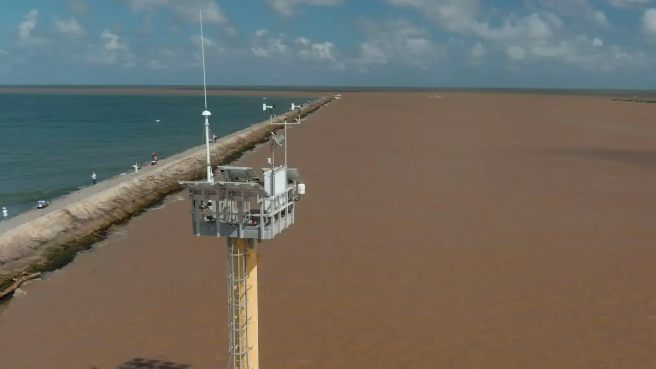 Aerial view of a weather tower in the Gulf of Mexico of the coast of Lake Jackson Texas