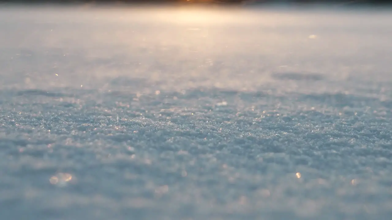 Low angle shot of snow crystals blowing in the wind over snowy ground at dusk