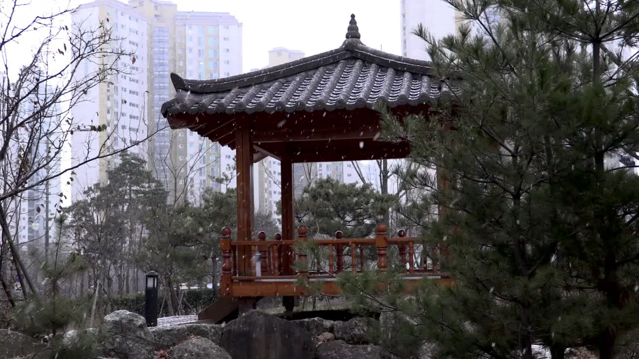 Korean gazebo in snowfall