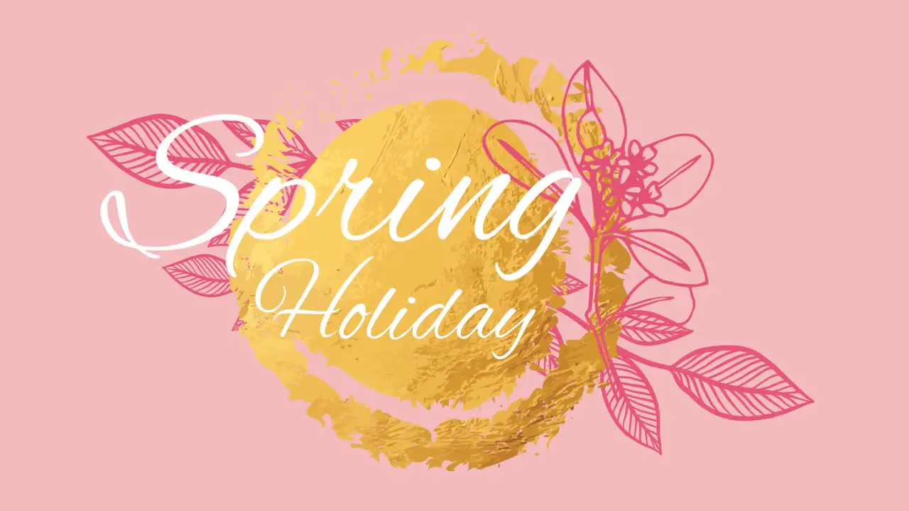 Animation of spring holiday text over yellow pattern and pink flowers decoration on pink background