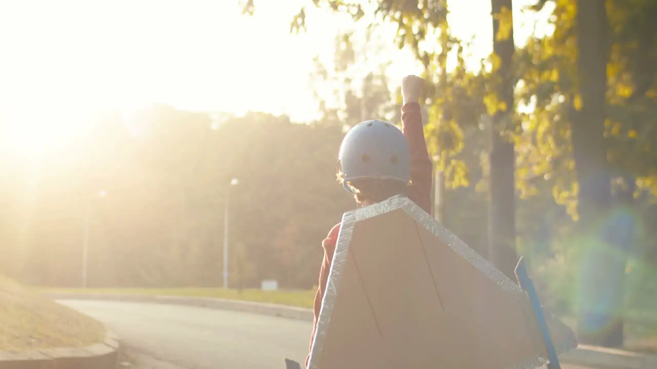 Back View Of A Little Boy In Helmet And Red Sweater With Cardboard Airplane Wings Standing Outdoor On Sunny Day And Playing As A Pilot