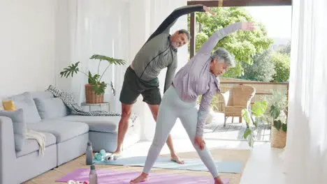 Fitness exercise and senior couple in home doing