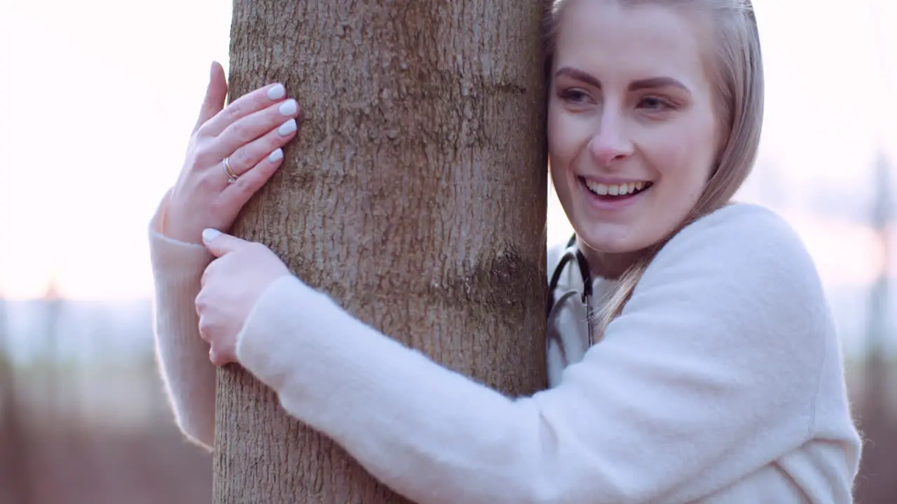 Beautiful Loving Nature Woman Hugs Tree In Forest In Autumn 3