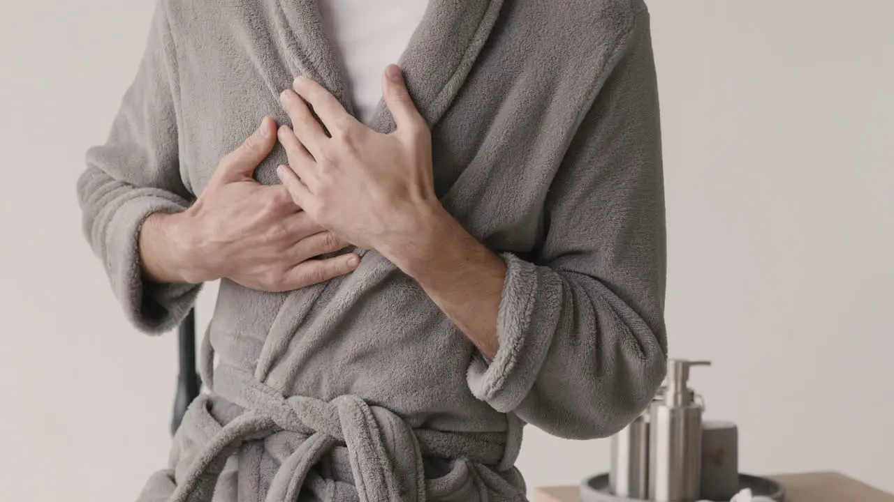 Close Up Of An Unrecognizable Man In Pajamas And Robe Having A Chest Pain At Home And Touching His Heart Area In The Morning At Home