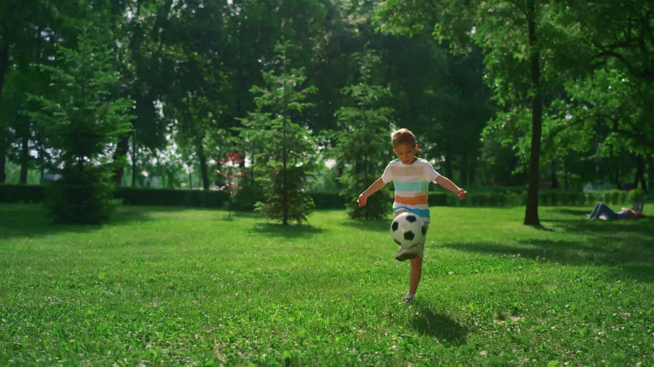 Little boy kicking soccer ball Focused child practicing in summer park alone