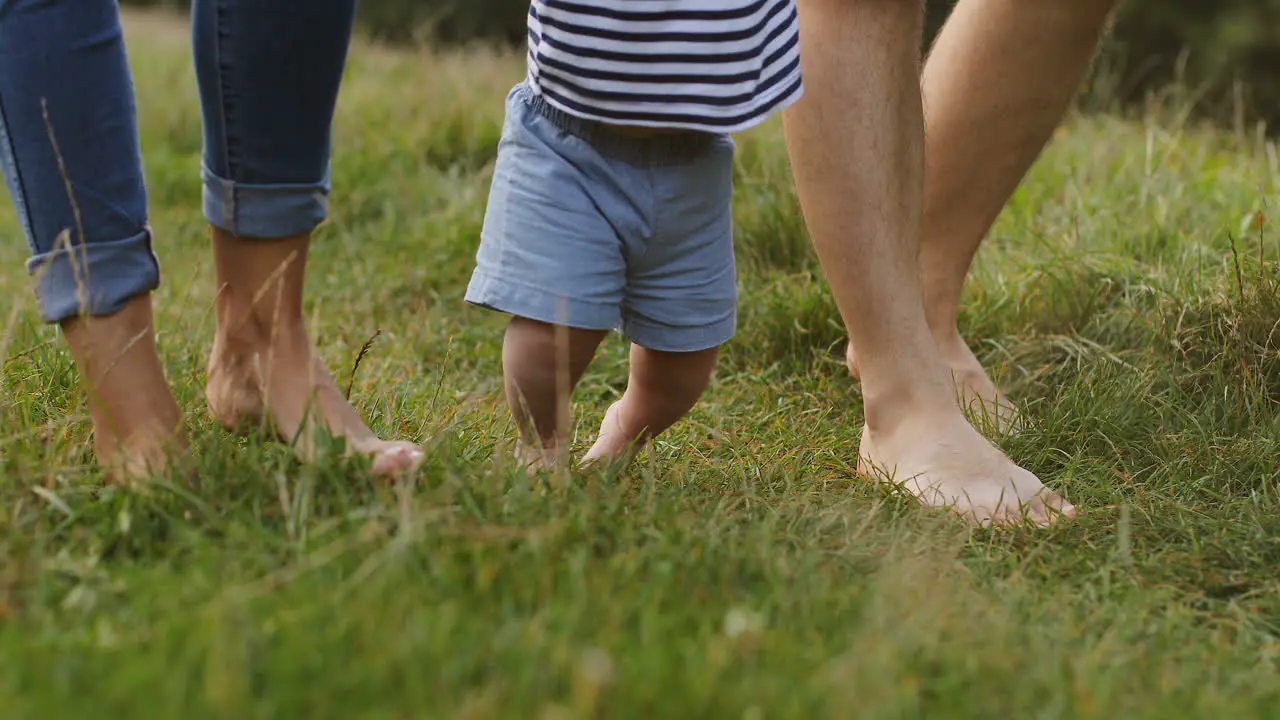 Close Up Of A Little Baby Taking His First Steps While Walking Barefoot On The Green Grass And Holding His Parents' Hands