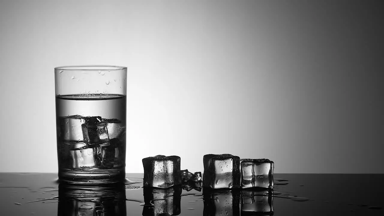 Slow motion slide of the ice cube on the table with a glass of water