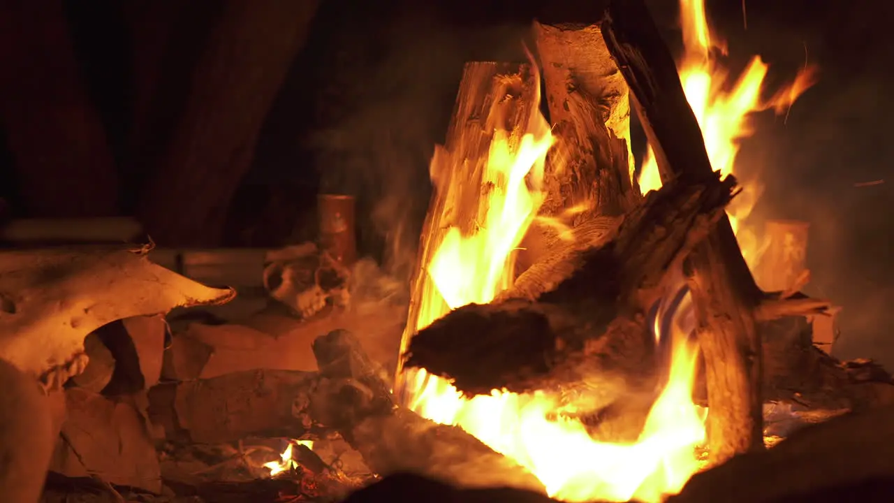 Camp fire burning in eerie dark night with animal skull slider dolly