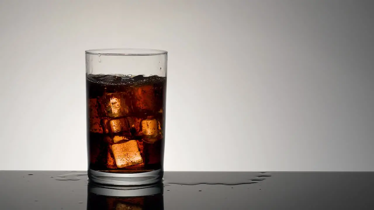 Slow motion ice cube drops into glass with beverage