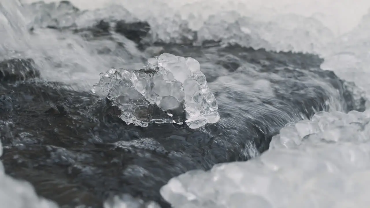 Close Up View Of Water Falling From A Small Waterfall In A Snowy Forest 2