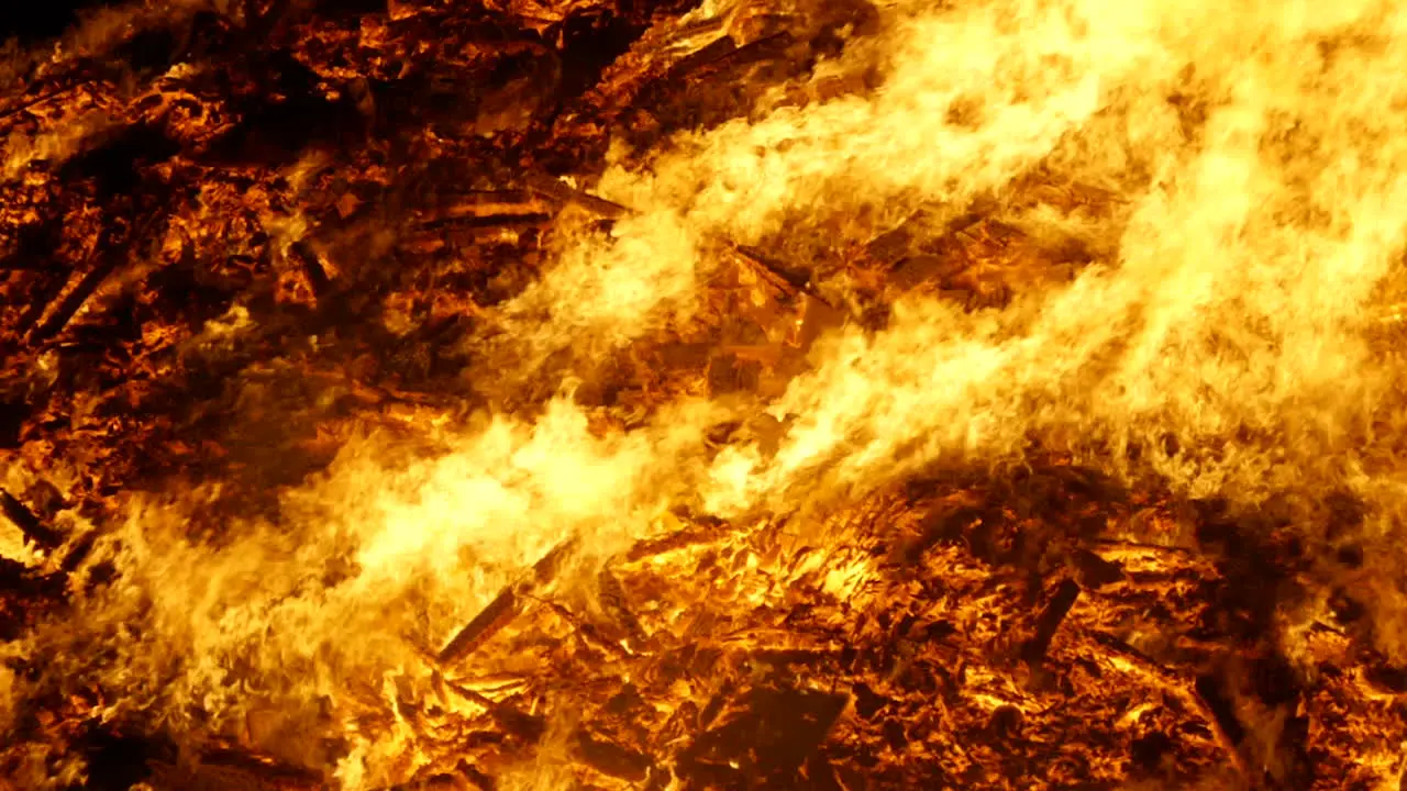 A super close-up shot of a huge bonfire burning