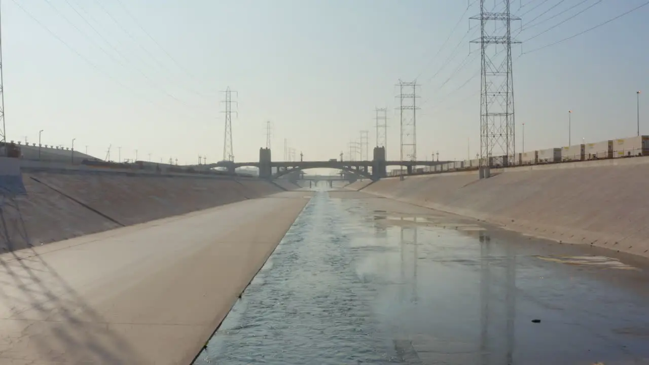 AERIAL Flying in LA River Los Angeles California Daylight