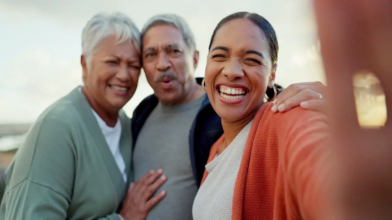 Selfie funny and woman with her senior parents