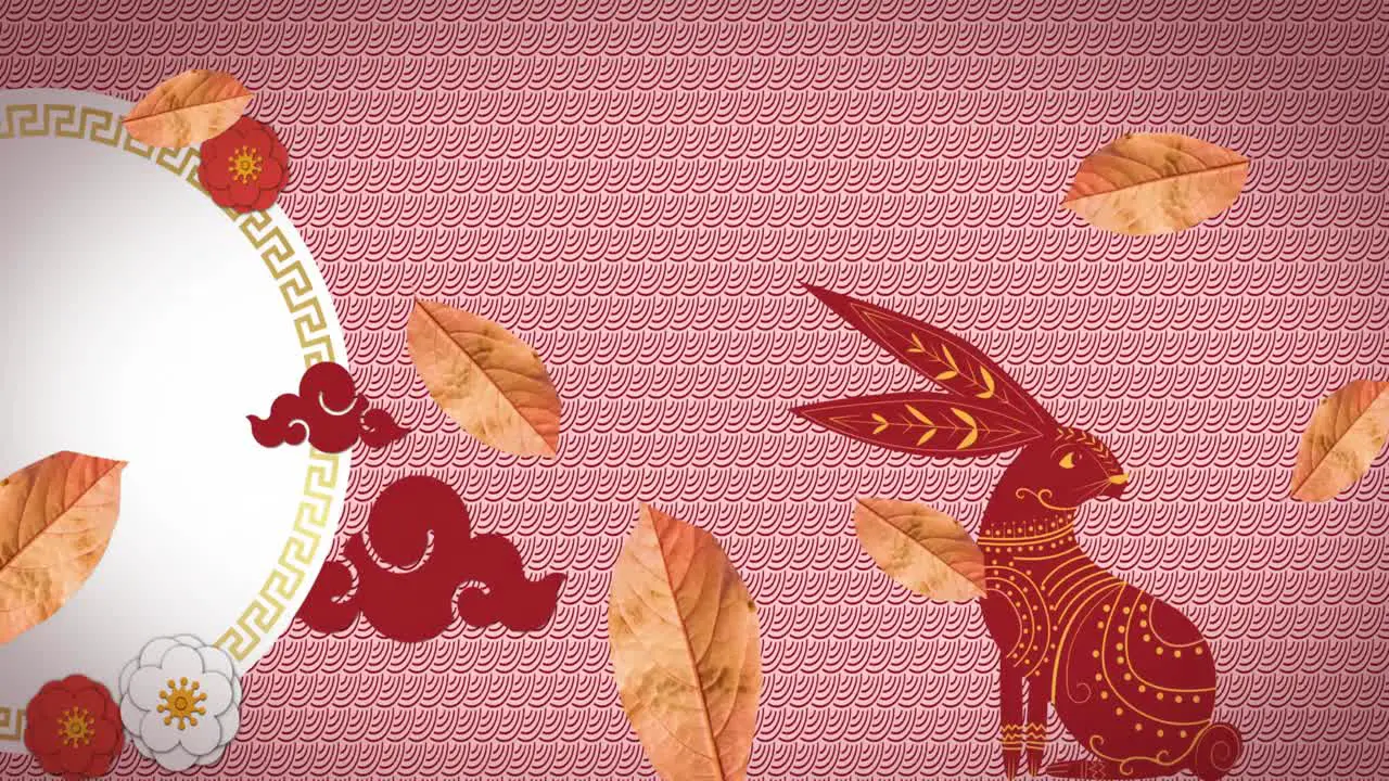 Animation of leaves falling over chinese traditional decorations with rabbit on pink background