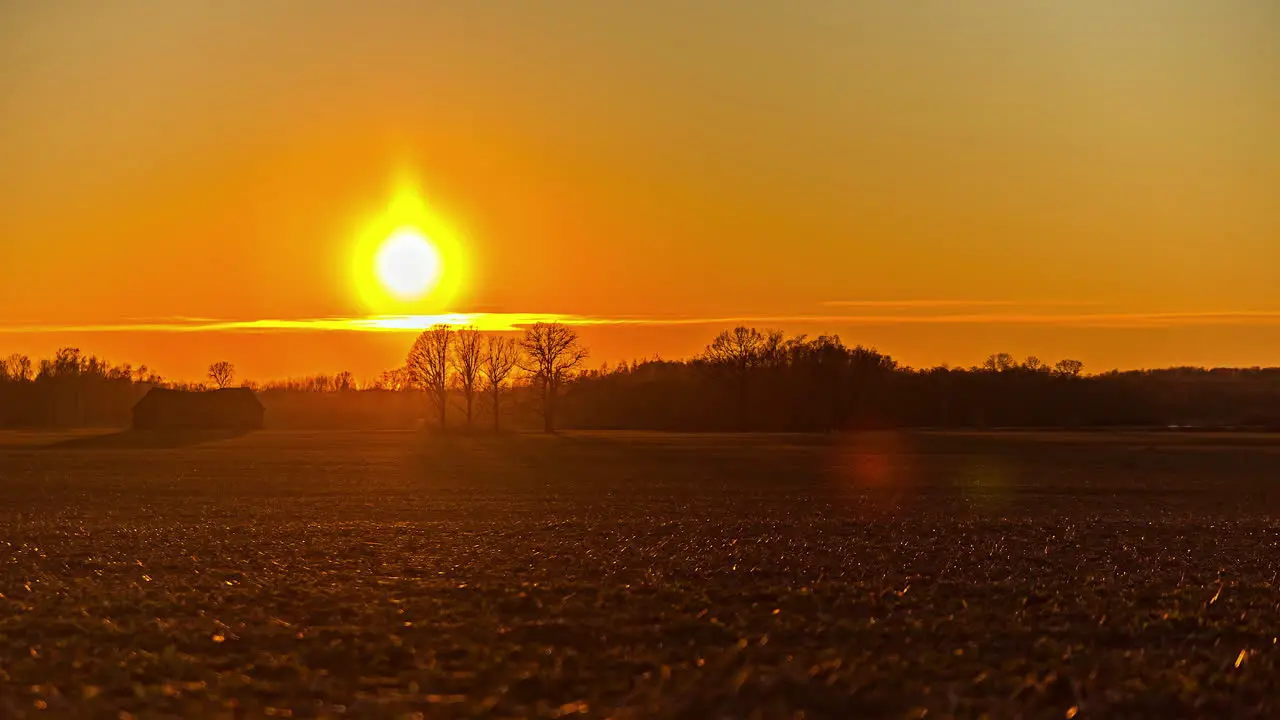 Vivid Sunlight Setting In Golden Horizon Over Fields In Countryside