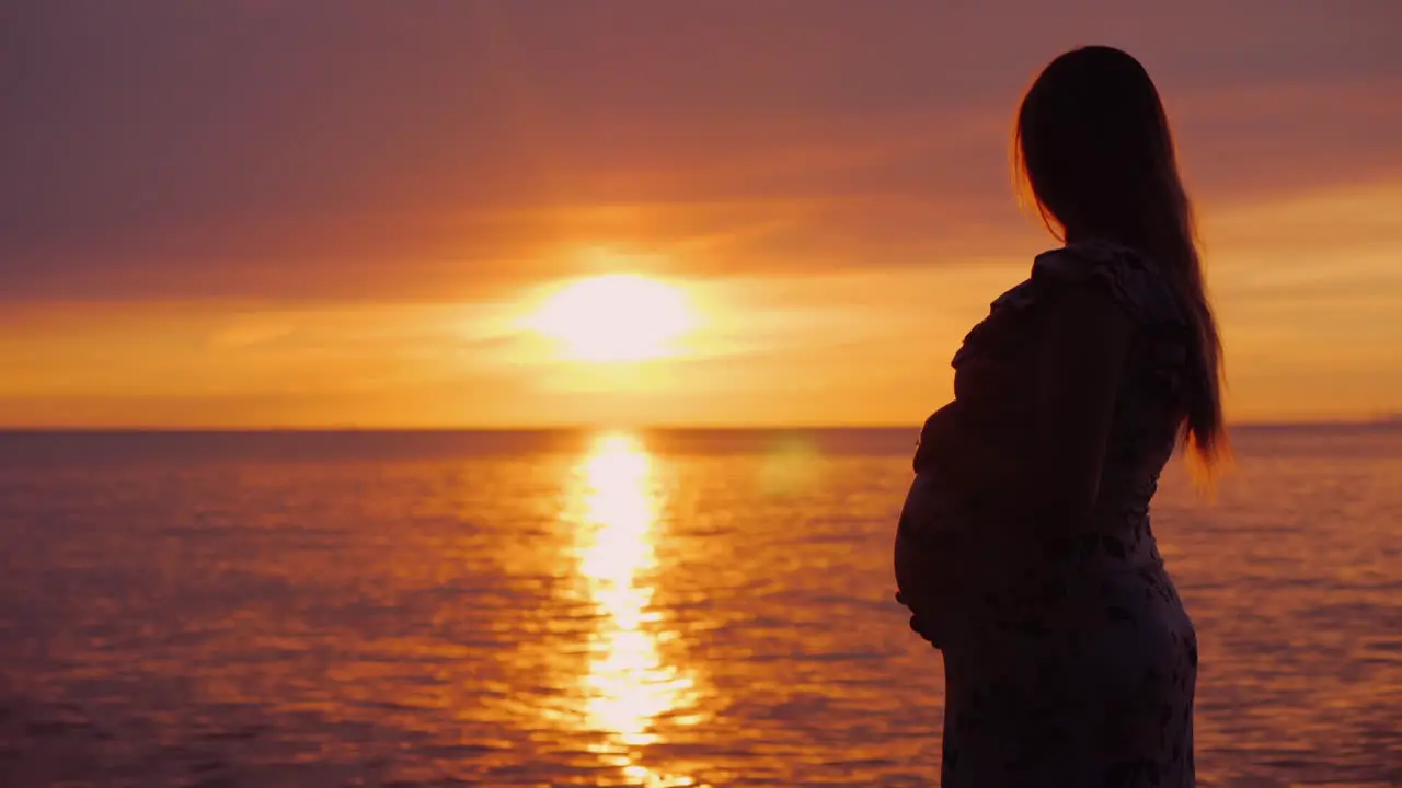 Young Pregnant Woman With A Big Belly Looks At The Majestic Sunset Over The Sea