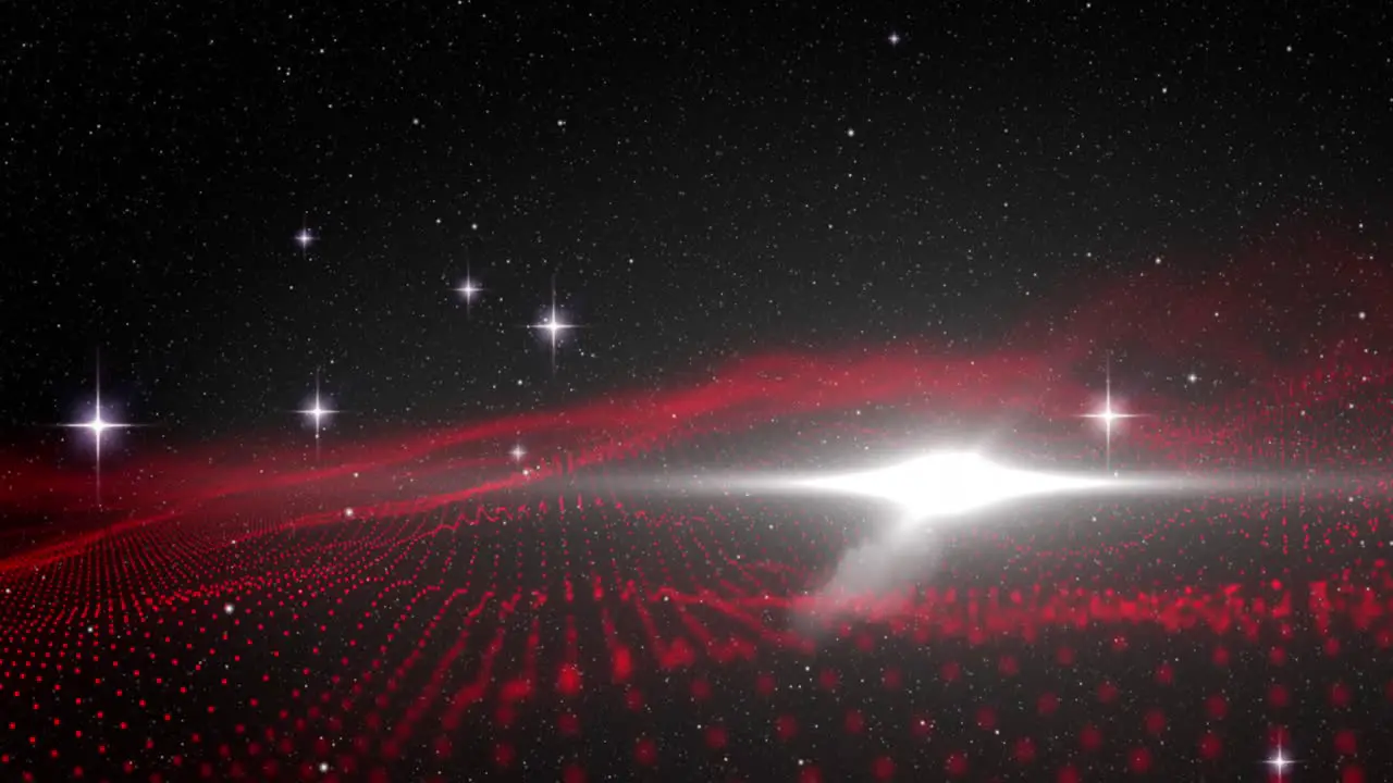 Animation of abstract mesh with red glowing spots floating and waving with stars on black background