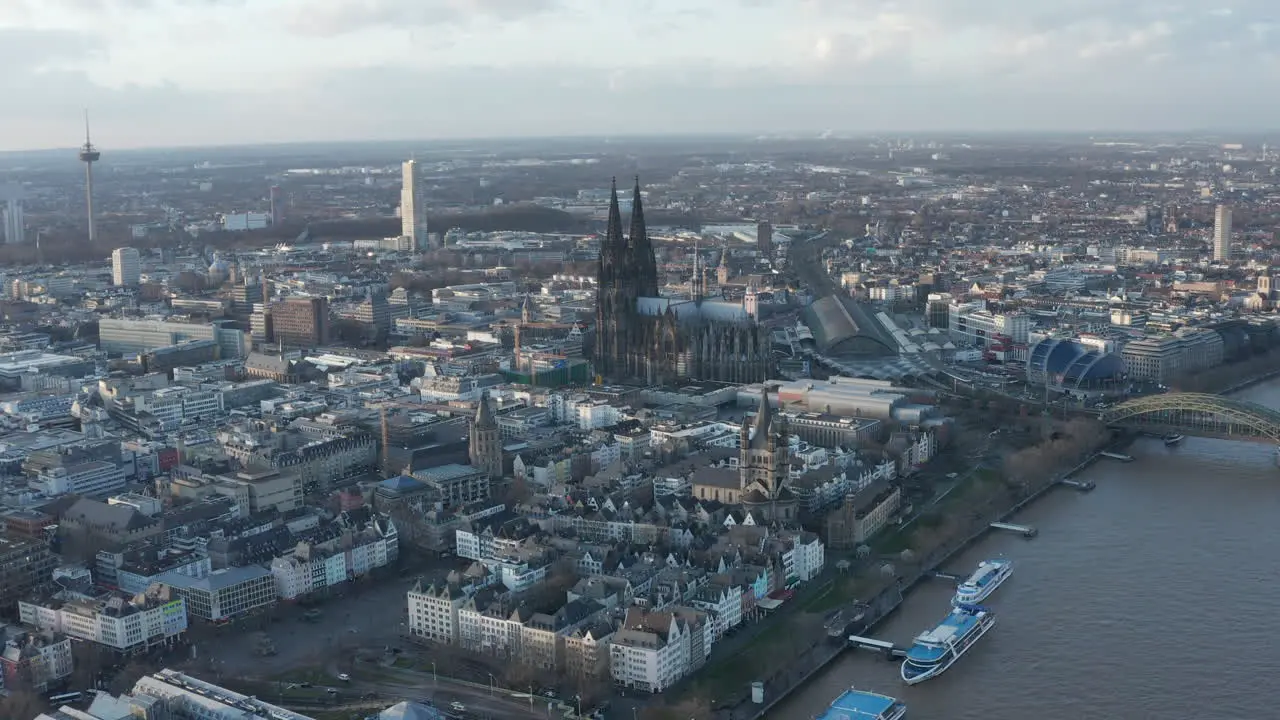 Old city centre aerial panorama at golden hour Historical buildings at Rhine river Cologne Germany